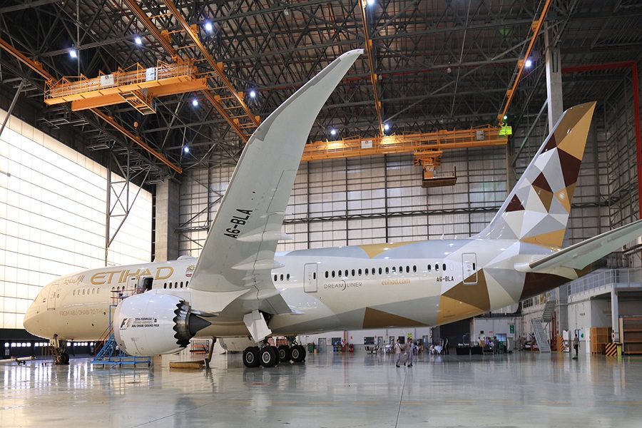 Boeing 787 Dreamliner inside hangar