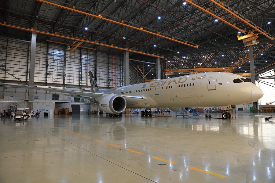 Boeing 787 Dreamliner inside hangar